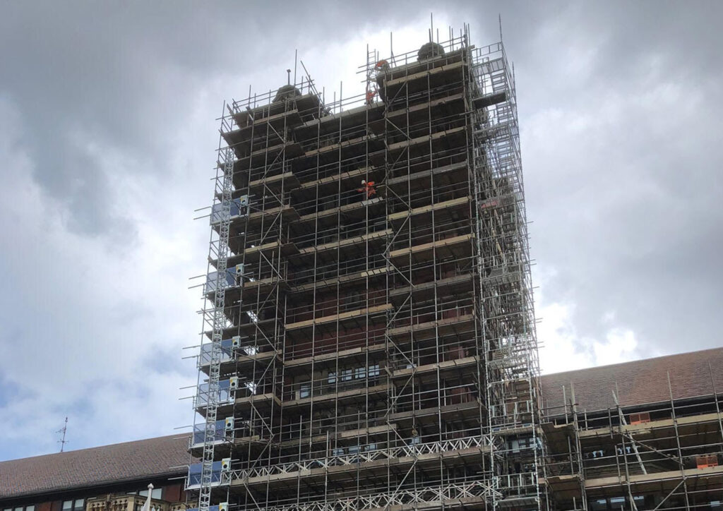 close up of the armstrong building scaffold