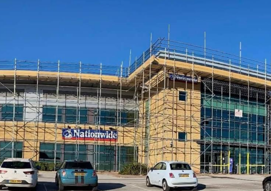 front of Nationwide building with scaffolding around the entire building